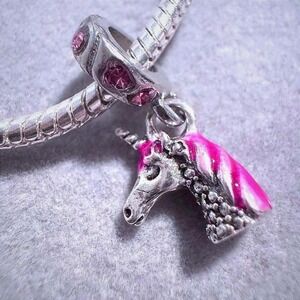 Silver Tone Unicorn Charm Pink Dangle Charm fits PANDORA